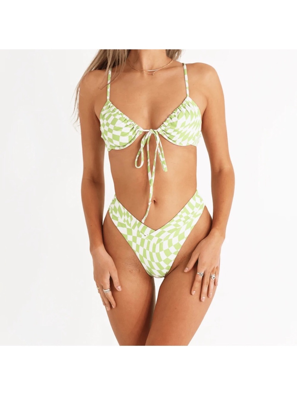 Aurelle Checkerboard Tie-Front Bikini Set